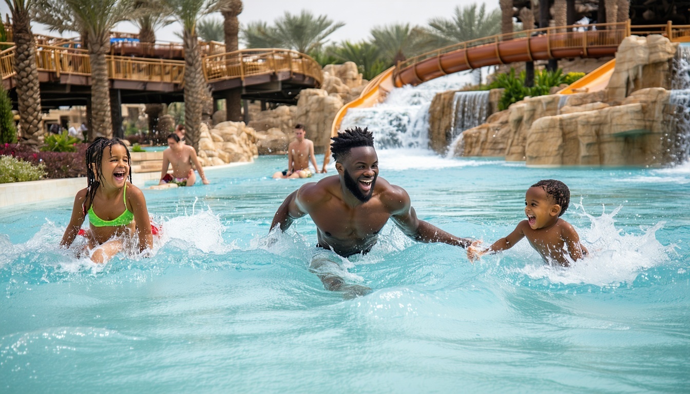 Family enjoying the lazy river at Aquaventure World Dubai