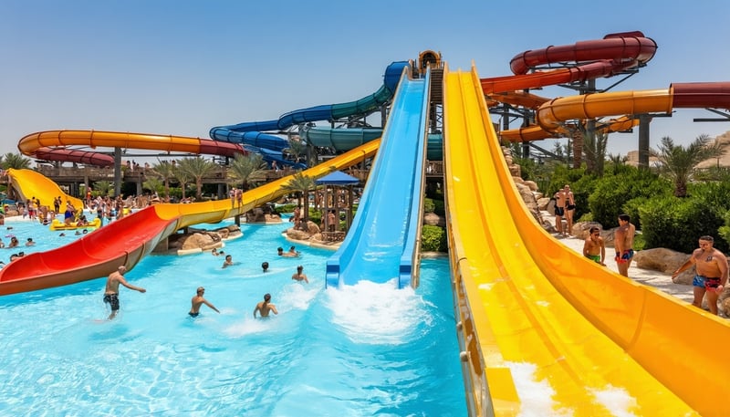 A vibrant scene at Aquaventure World Dubai, showcasing water slides, pools, and guests enjoying aquatic attractions. A vibrant scene at Aquaventure World Dubai, showcasing water slides, pools, and guests enjoying aquatic attractions.
