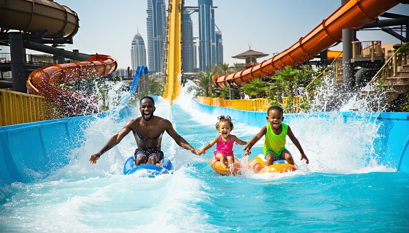 Family enjoying water rides at Aquaventure World Dubai